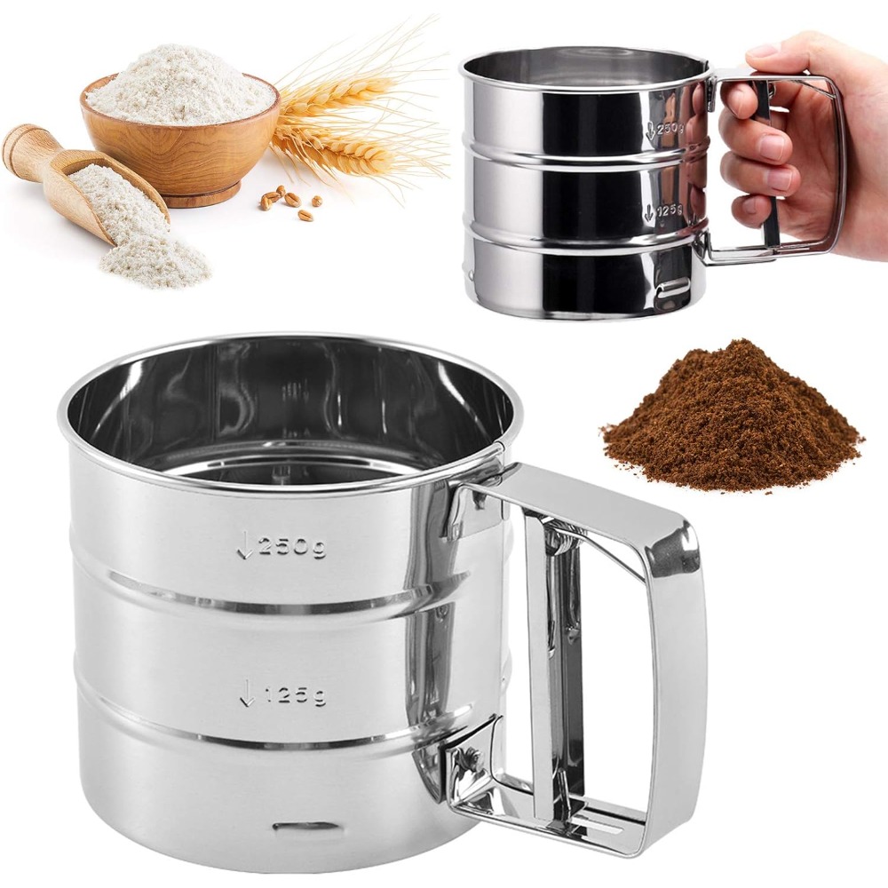 Baking Powder Kitchen - Mehlsieb, Kaffeepulver-Siebbecher, halbautomatisches Backsieb aus Edelstahlgeflecht,