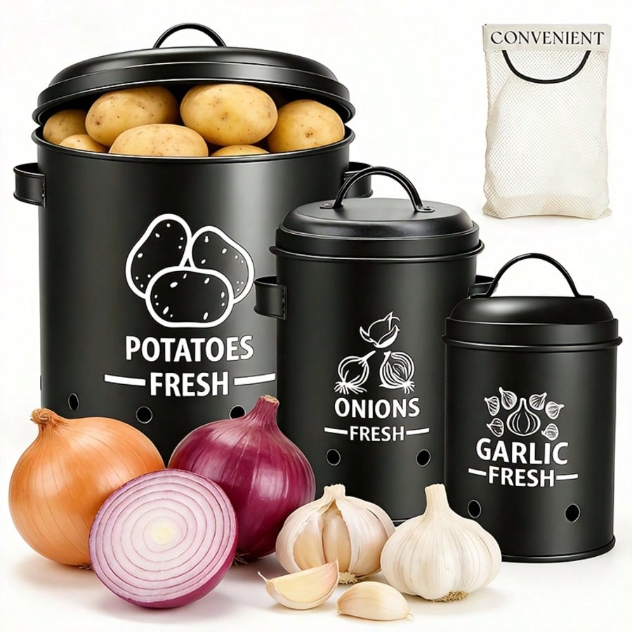 Kitchen Baking Organization - Kartoffel-Zwiebel-Knoblauch-Aufbewahrungsbehälter-Set im Farmhouse-Stil, rustikales schwarzes Metall,