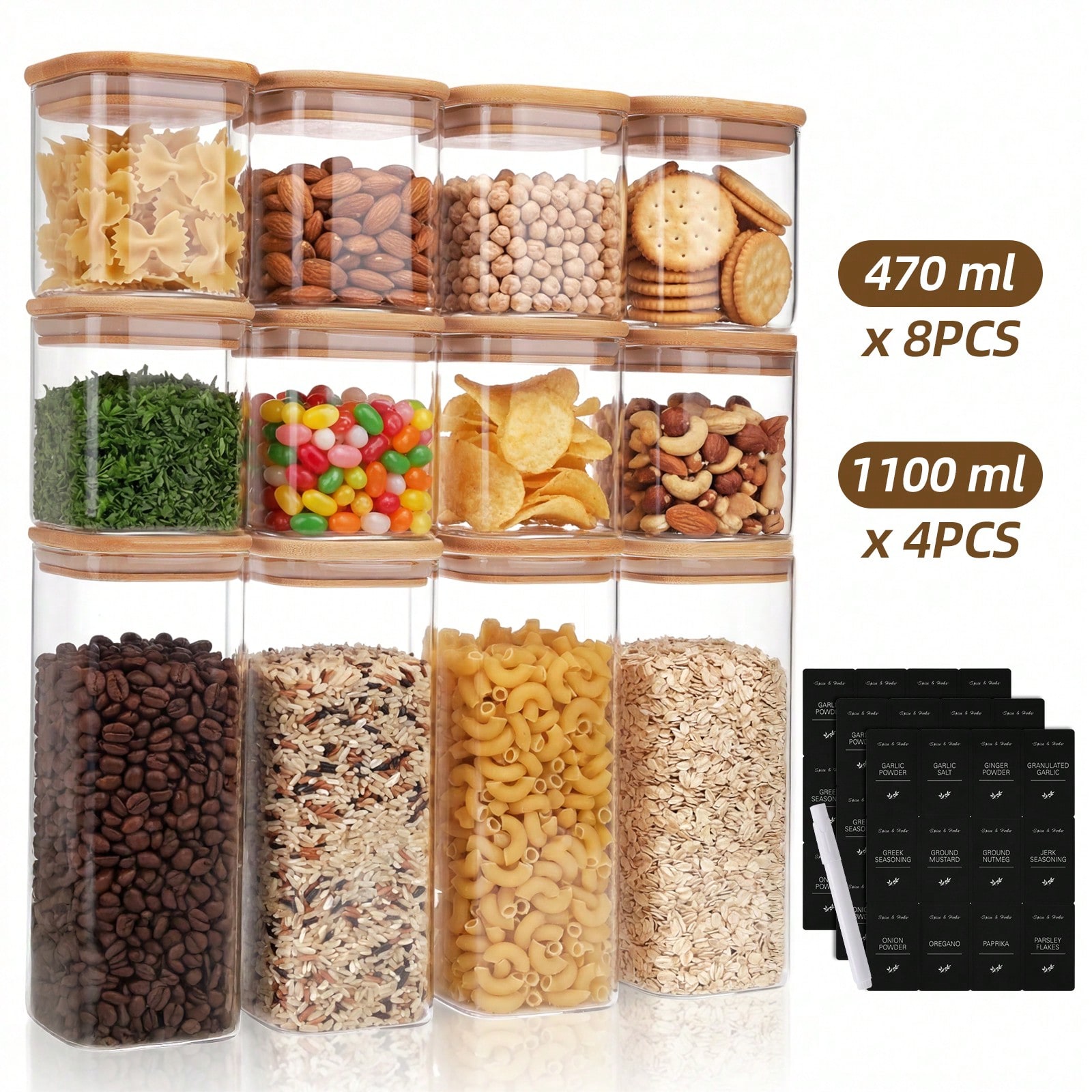 Kitchen Baking Canisters - Tomnk 12-teiliges Glas-Lebensmittelbehälter-Set mit Deckel, 2